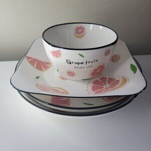 Grapefruit Enjoy Life Plate Bowl Dish Set 4 Piece Raised Side Pink Orange Citrus